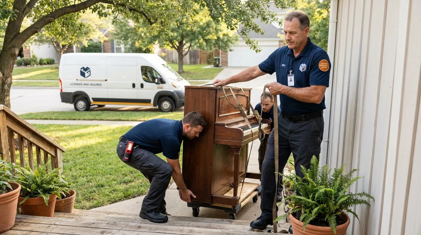 Licensed piano movers securing grand piano in Conway, NH