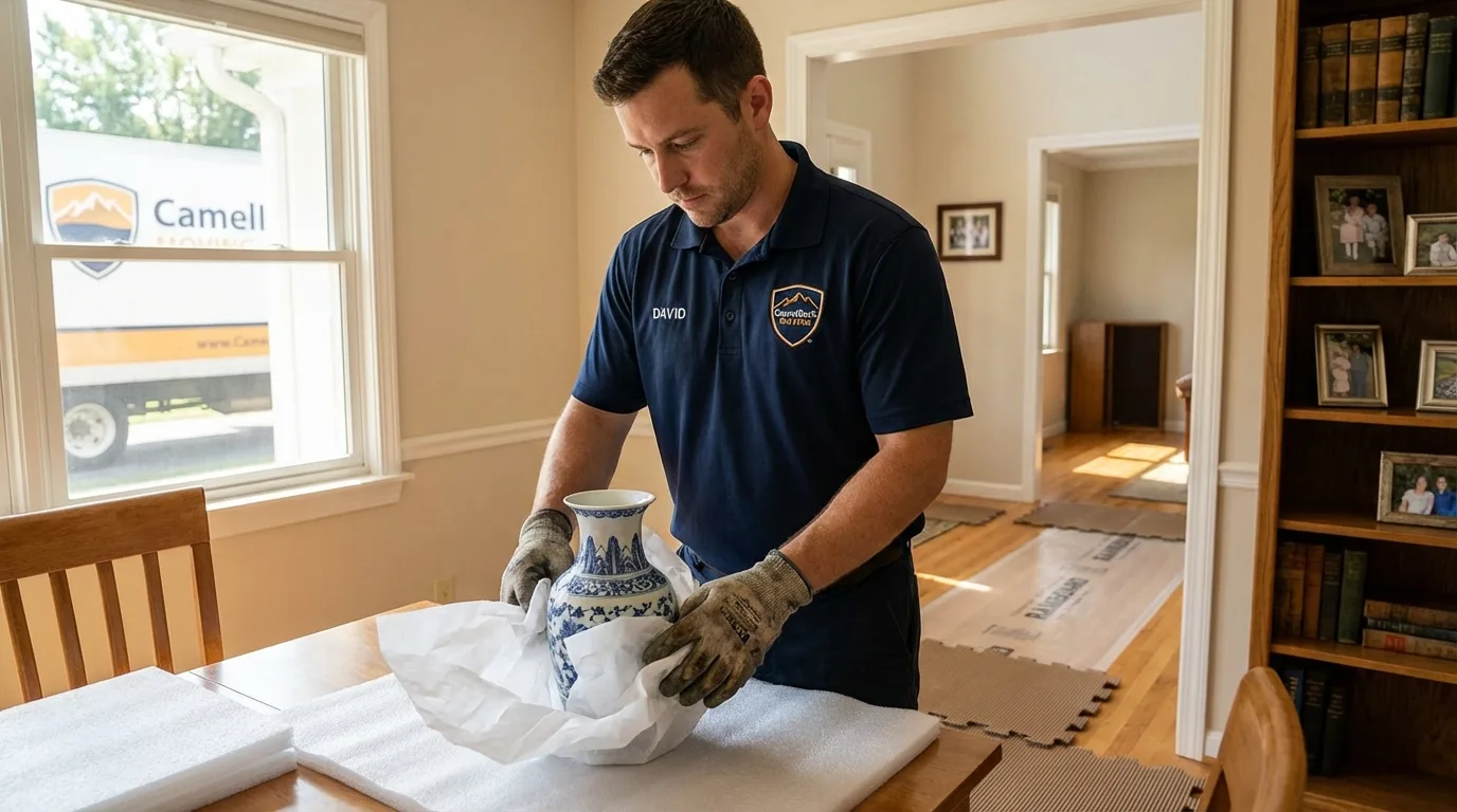 Professional crew carefully wrapping antique vase for senior downsizing move in Conway, NH