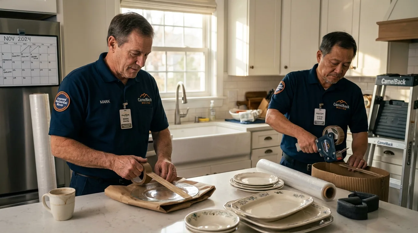 Professional crew packing kitchen dishware in Conway, NH